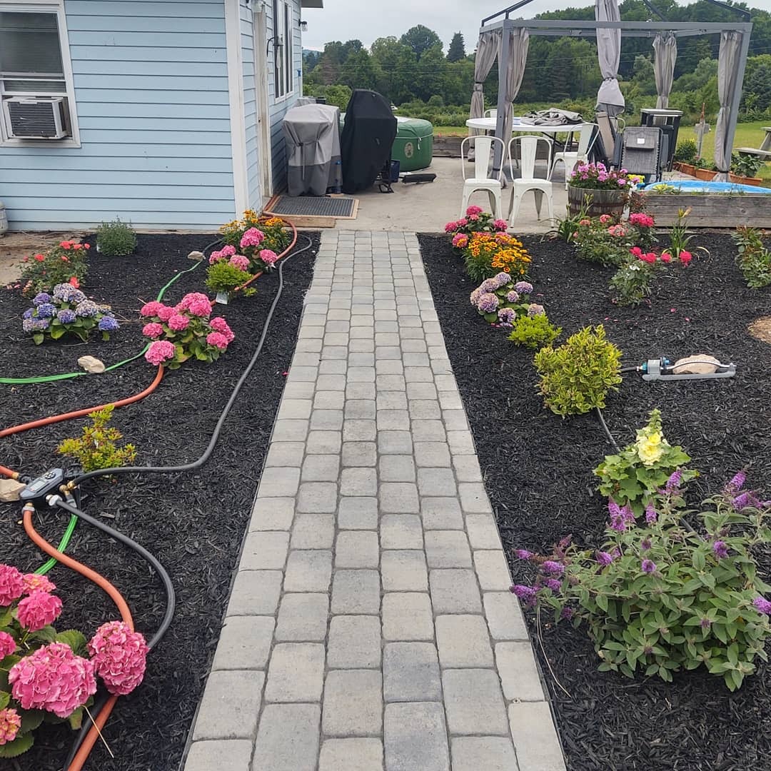 A professionally crafted walkway that goes through a bed of new plants and flowers.