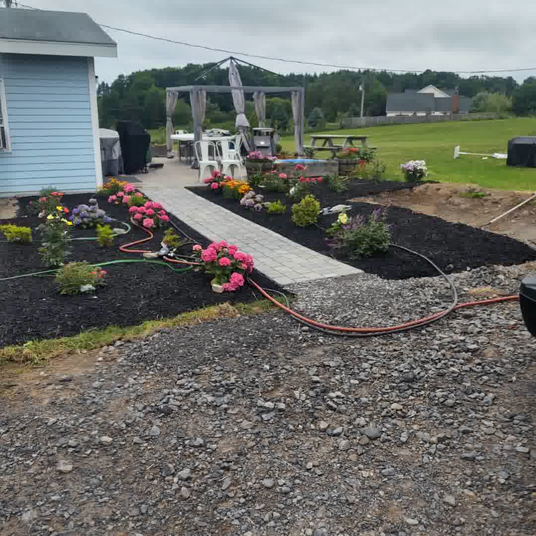 A brand new stone walkway between fresh mulch and plants.